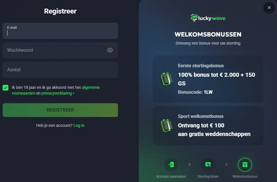 Registreren bij je LuckyWave Casino account